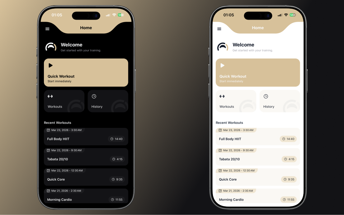 Home interface with quick start and recent sessions.