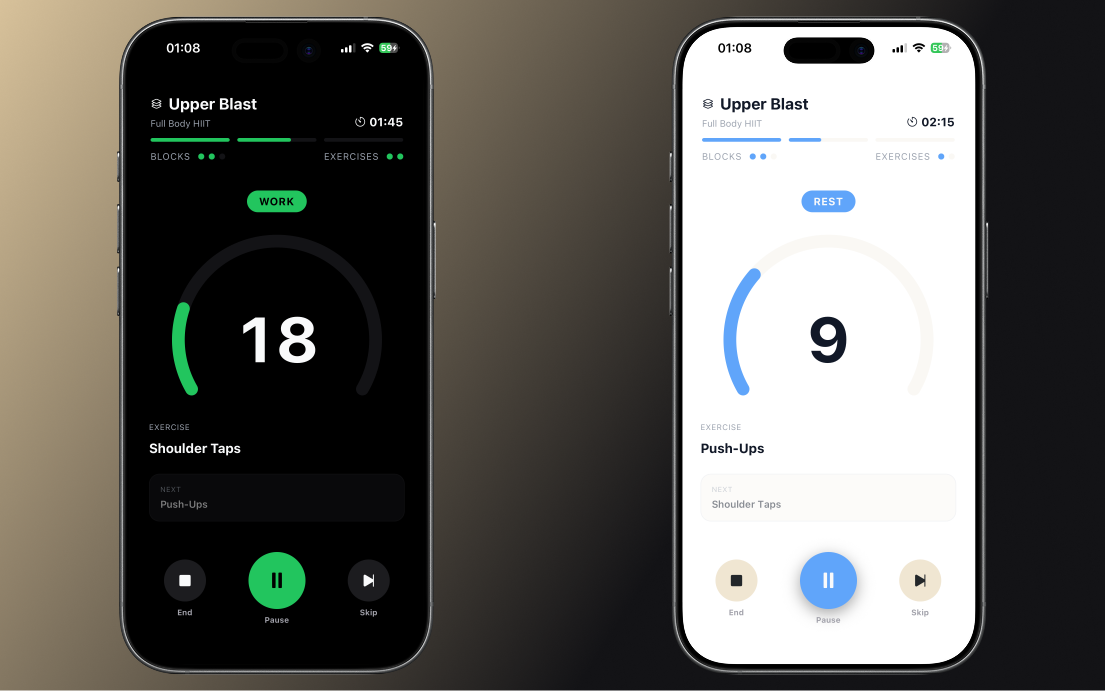 Active session interface with interval progression and controls.