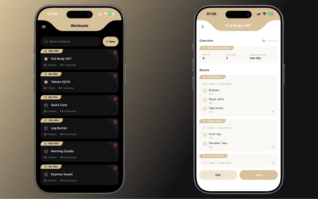 Workout list and configuration interface.
