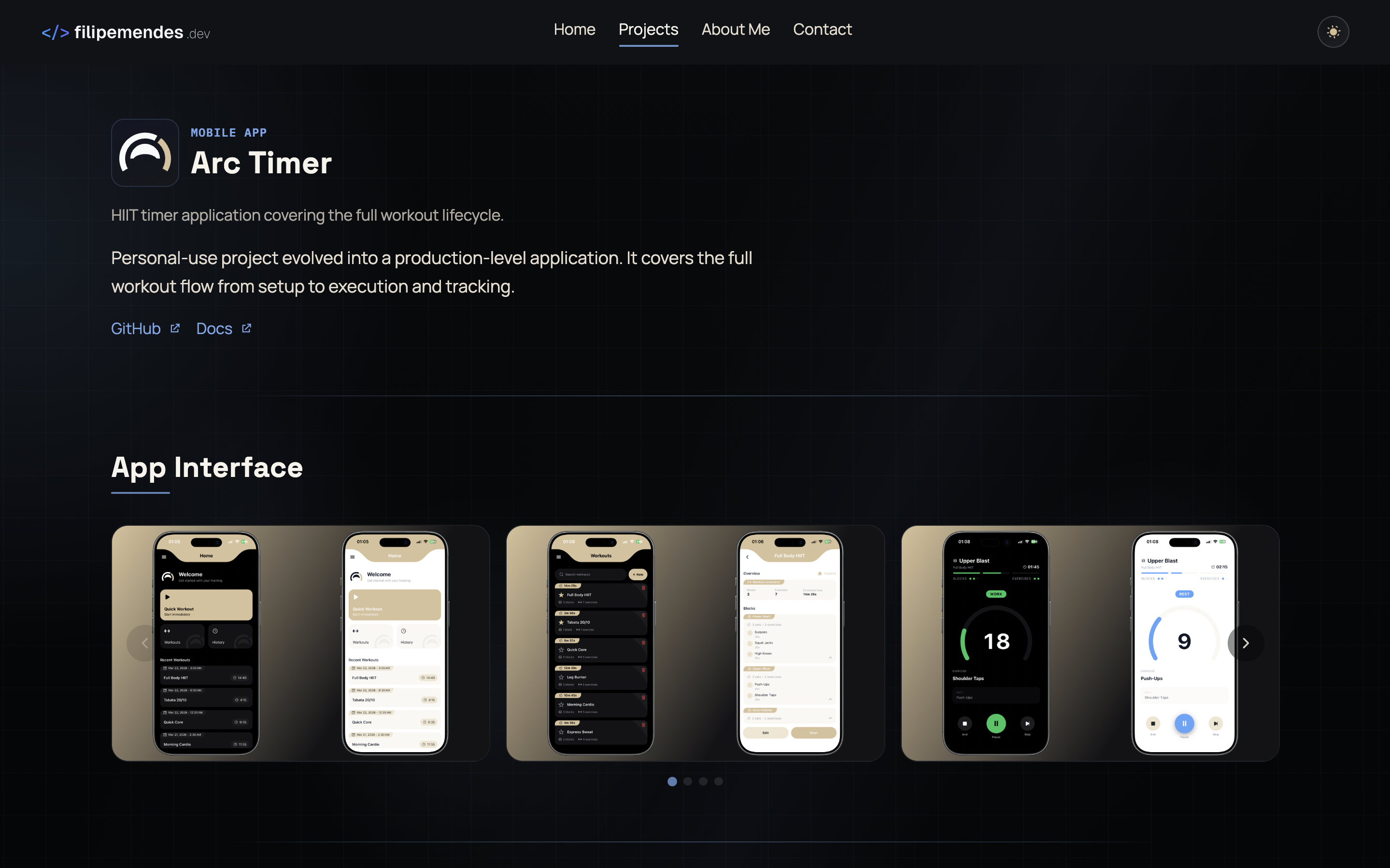 Arc Timer project detail page with hero copy and screenshot gallery.