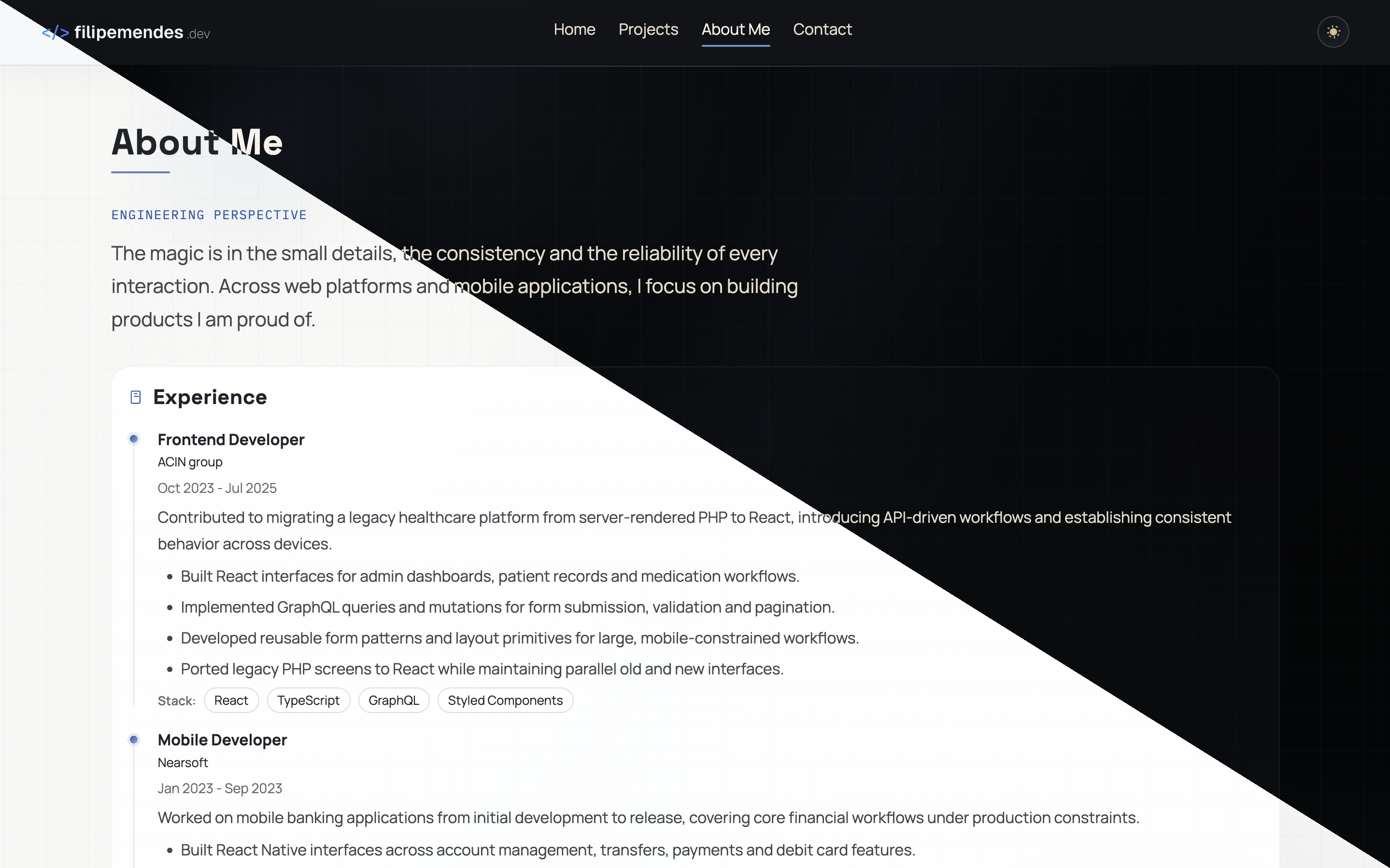 About Me section shown in dark and light themes with a diagonal split.